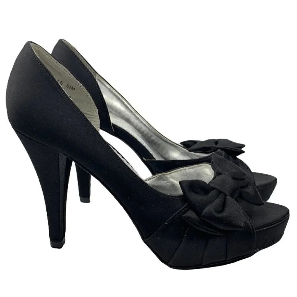 Michael Angelo Maribelle heels 5.5 black satin peep toe platforms formal bridal